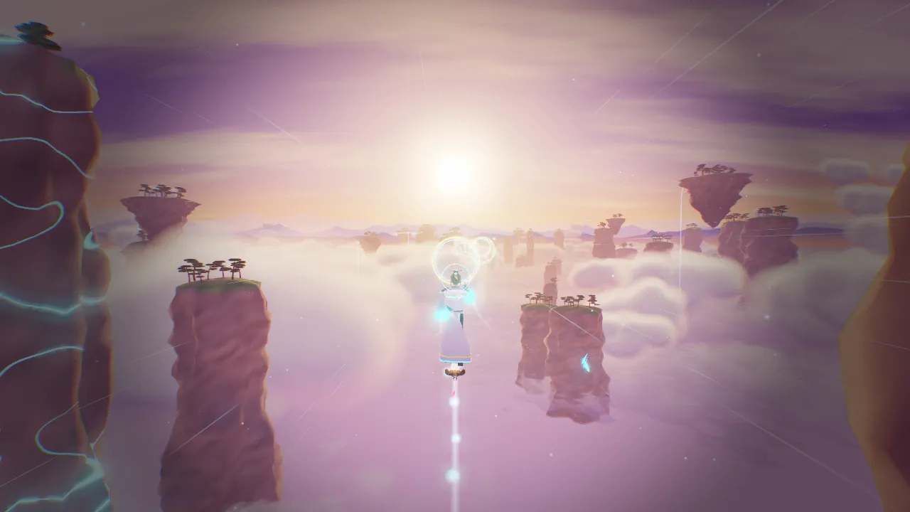 Riding a flying sword above a sea of clouds at dusk.