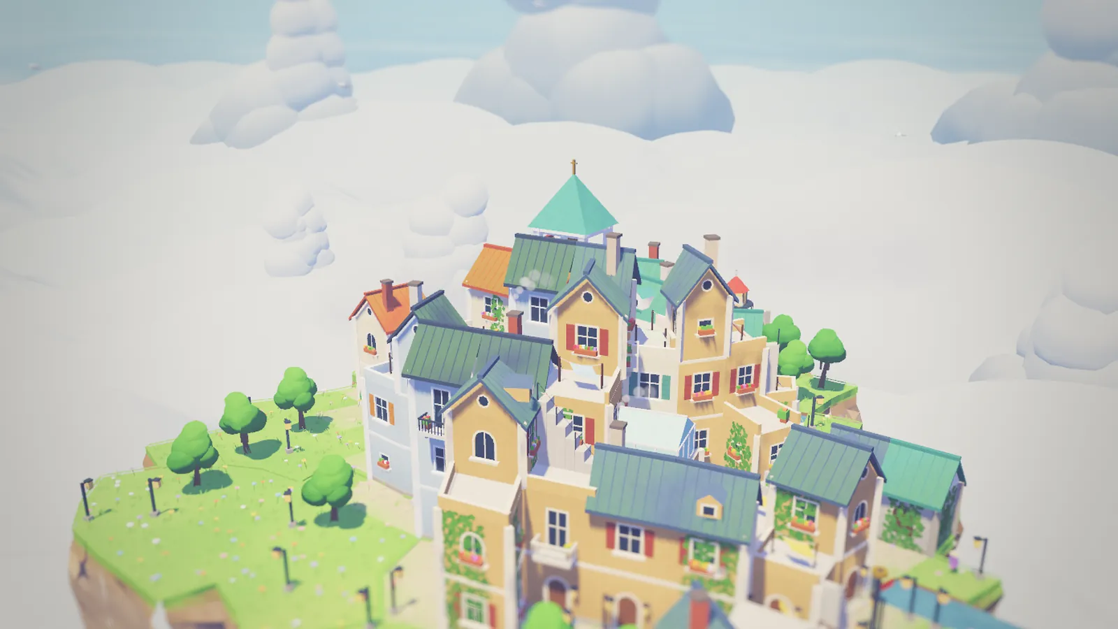 Close-up of rooftops, chimneys and ivy-covered walls.